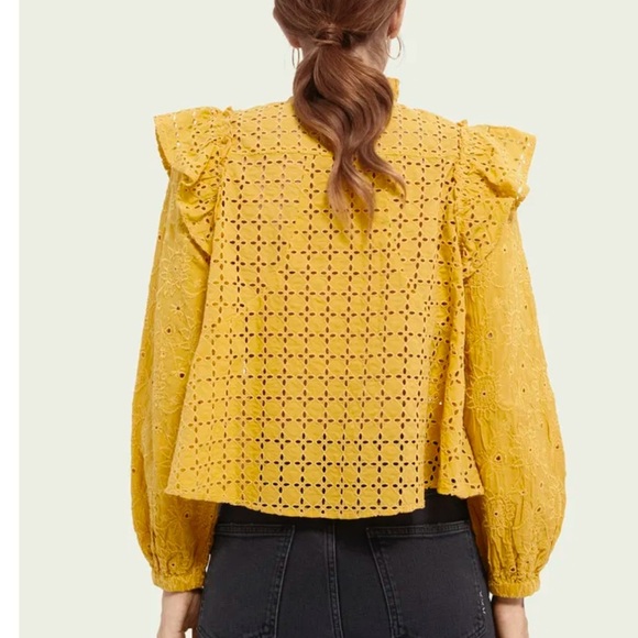 Scotch & Soda Yellow Eyelet Exaggerated Ruffle Top Size M Euro Summer Vibe! - Picture 2 of 13